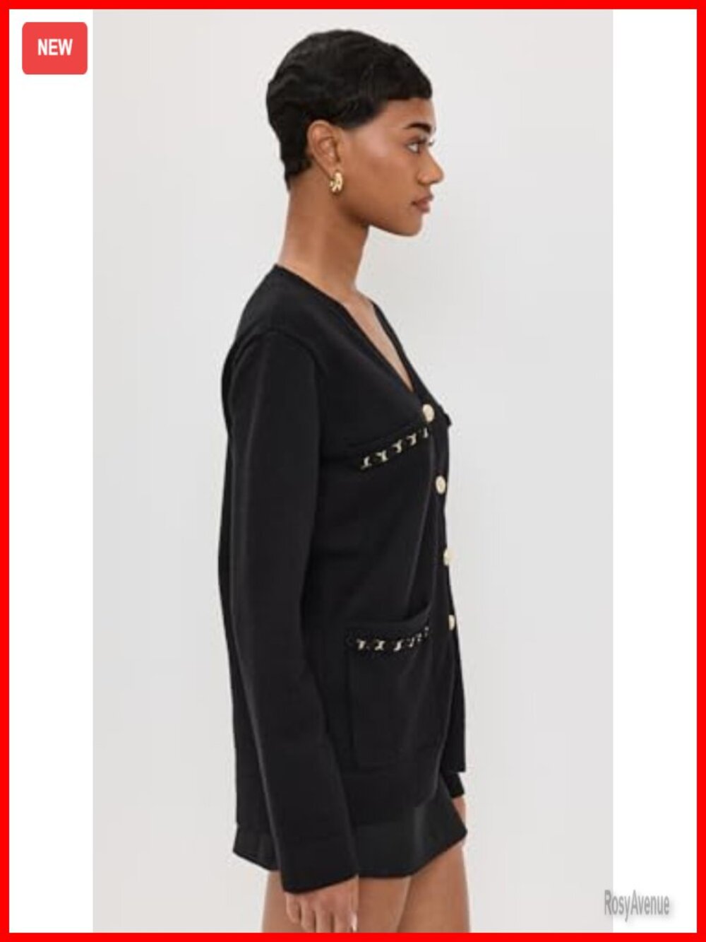 Oversized V-Neck Button Cardigan Ribbed Knit Patch Pockets - Picture 4 of 5